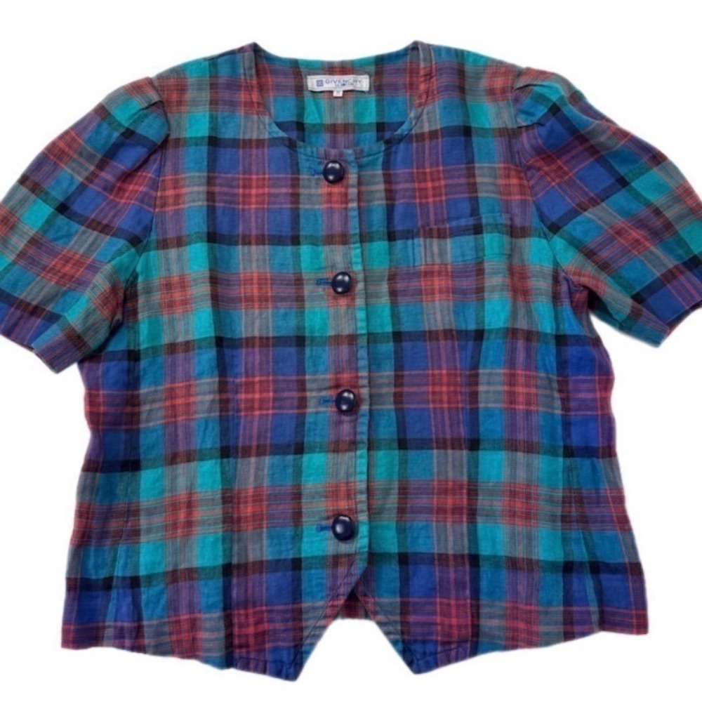Givenchy Glamour Plaid Top Women 17 Multicolor Vintage‎ Linen Button Up Blouse